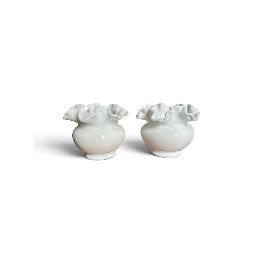 Fenton Ruffled Glossy Milk Glass Ball Vase Set Of 2 EUC